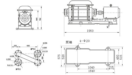 2SK-12两级水环真空泵外形及安装尺寸